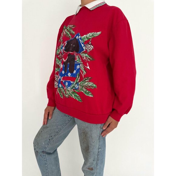 90s vintage red christmas tree holiday puppy dog animal graphic pullover sweater - Picture 3 of 9
